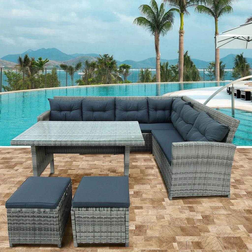 6-Piece Outdoor Sectional Sofa with Glass Table Ottomans Y6392