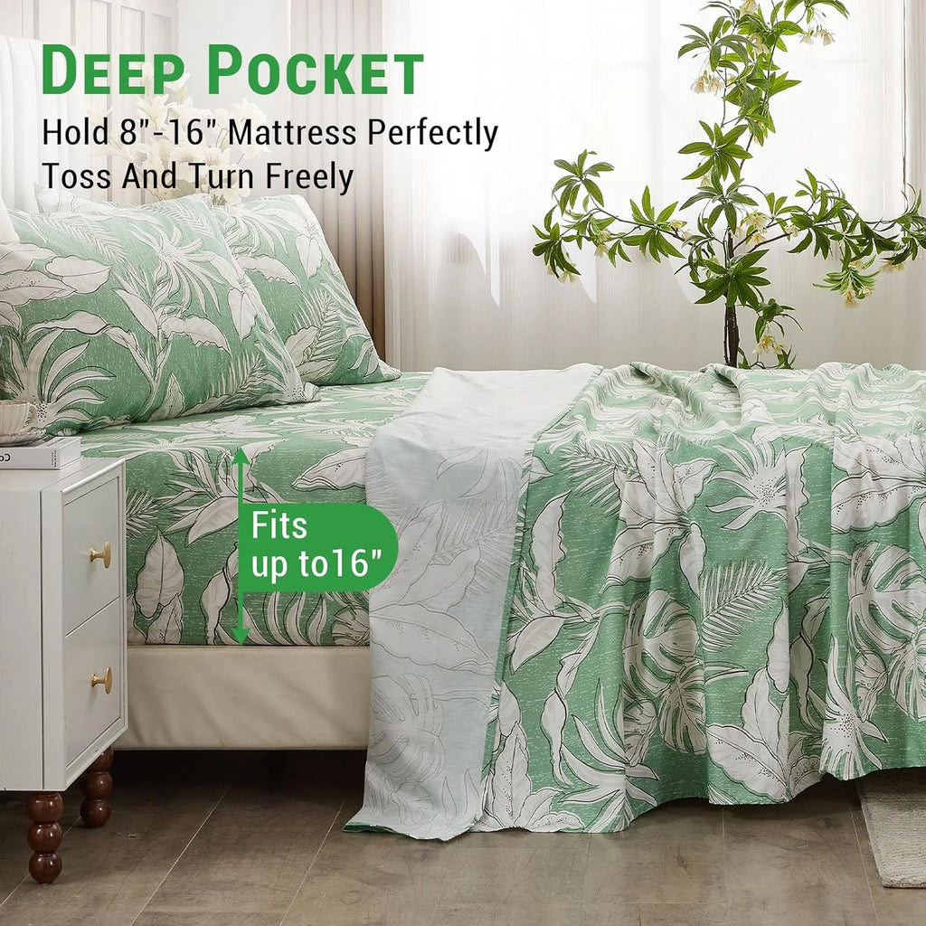 Green Floral Cotton Sheet Set Queen Size 4PC V123401