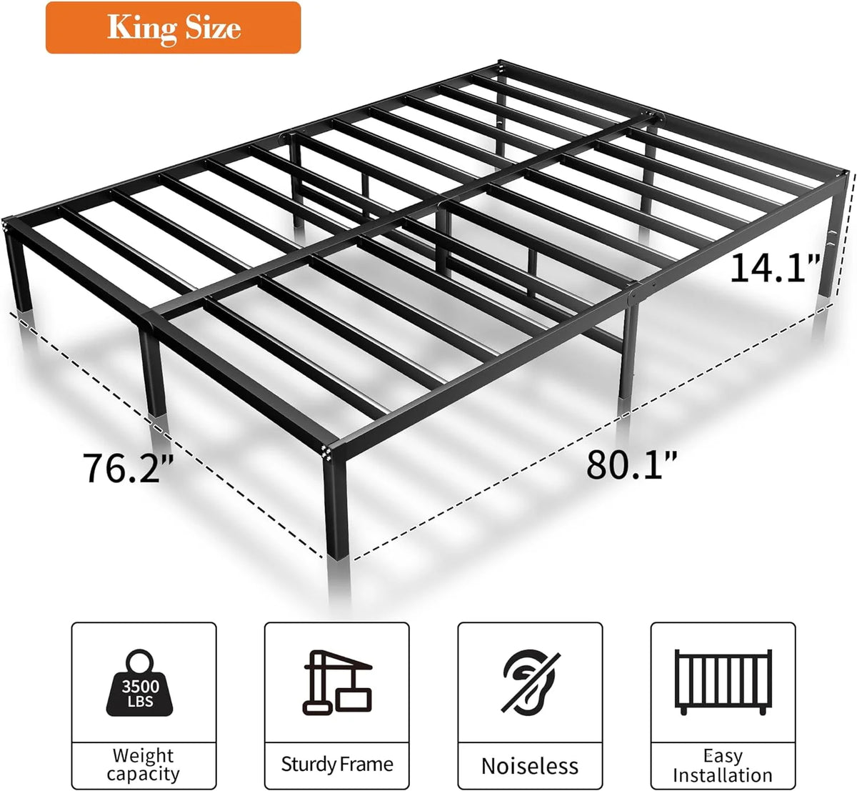 14 Inch King Size Platform Bed Frame with Metal Slats P301