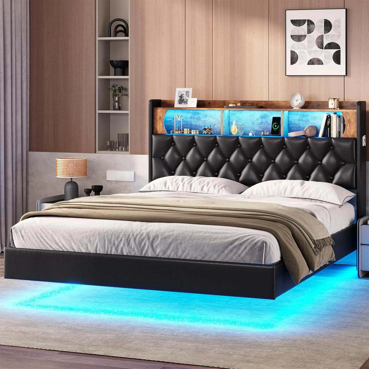 Queen Size Black Upholstered Platform Bed with Storage Headboard V824939