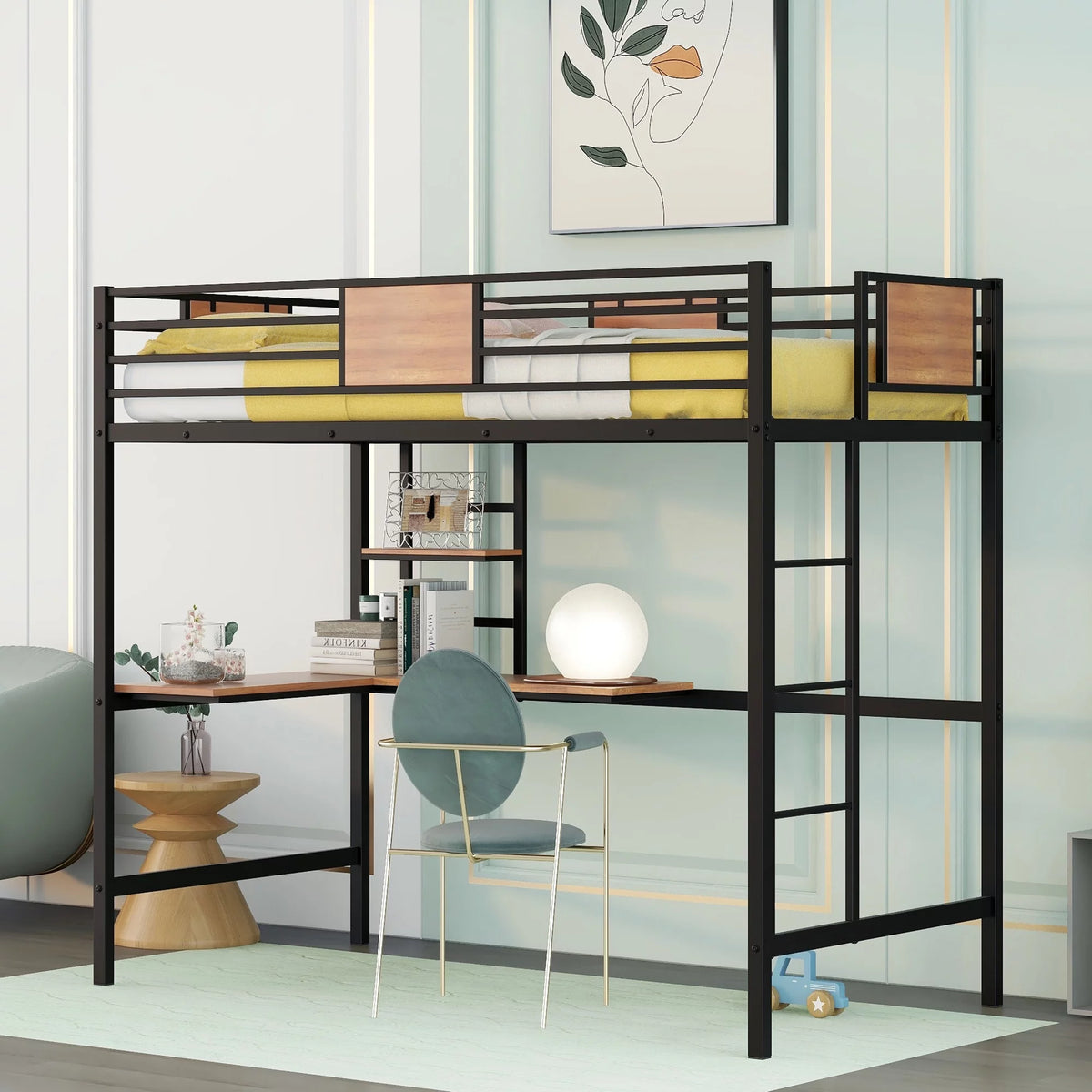 Black Twin Size Metal Loft Bed with Desk and Shelves R465968