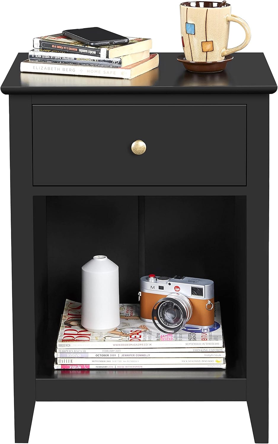 Black Wood Side End Table with Drawer and Open Storage Cabinet, Set of 2 L230487