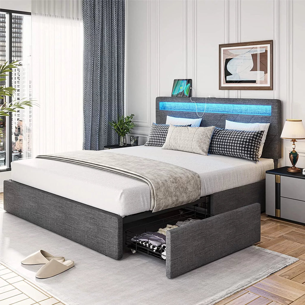 Queen Upholstered Platform Bed Frame with 4 Storage Drawers and LED Headboard V5748