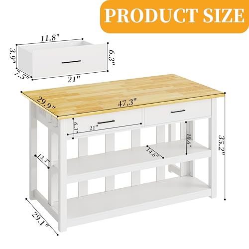 Solid Rubberwood Kitchen Island with Power Outlets, 2 Drawers & Open Shelves (Grey) F56362
