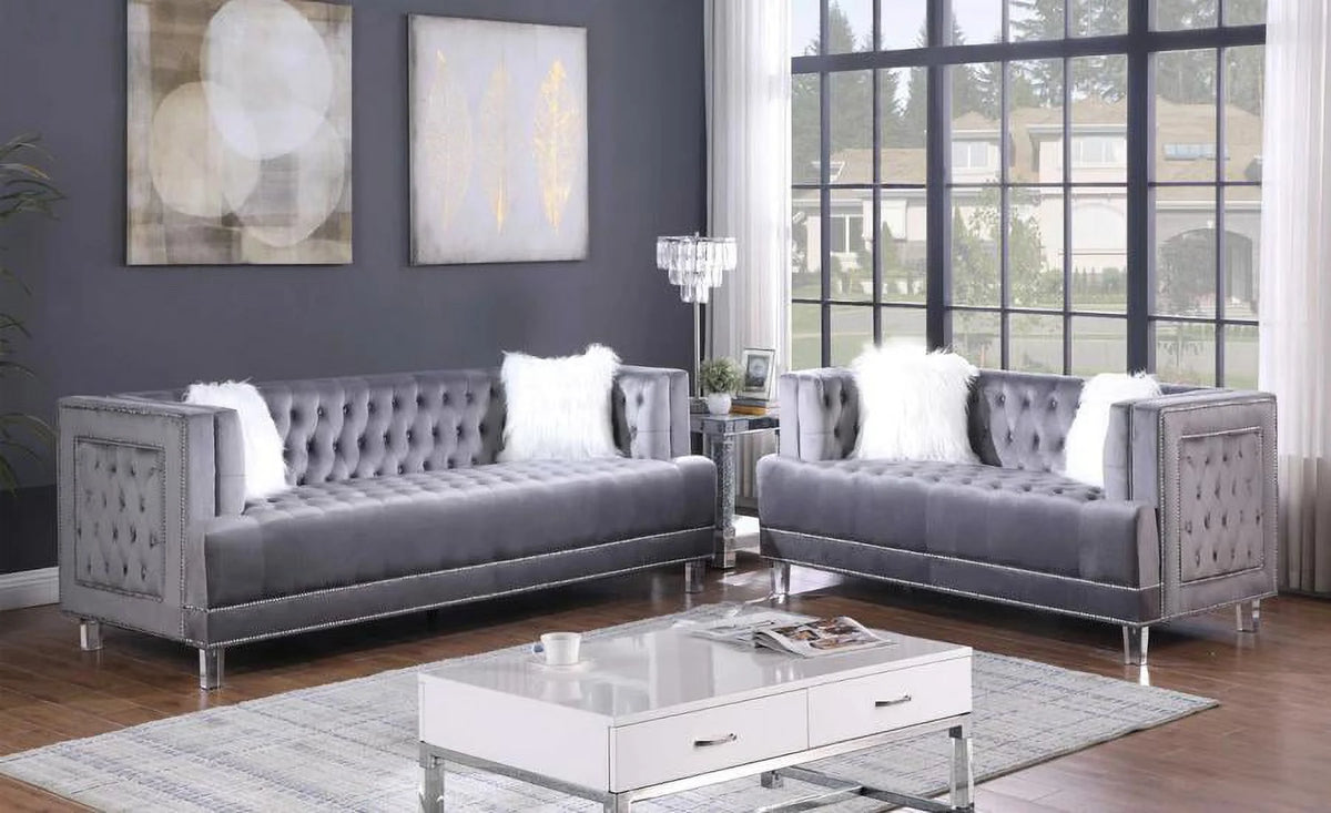 Gray Velvet Fabric Sofa & Loveseat Set 2Pcs P422231