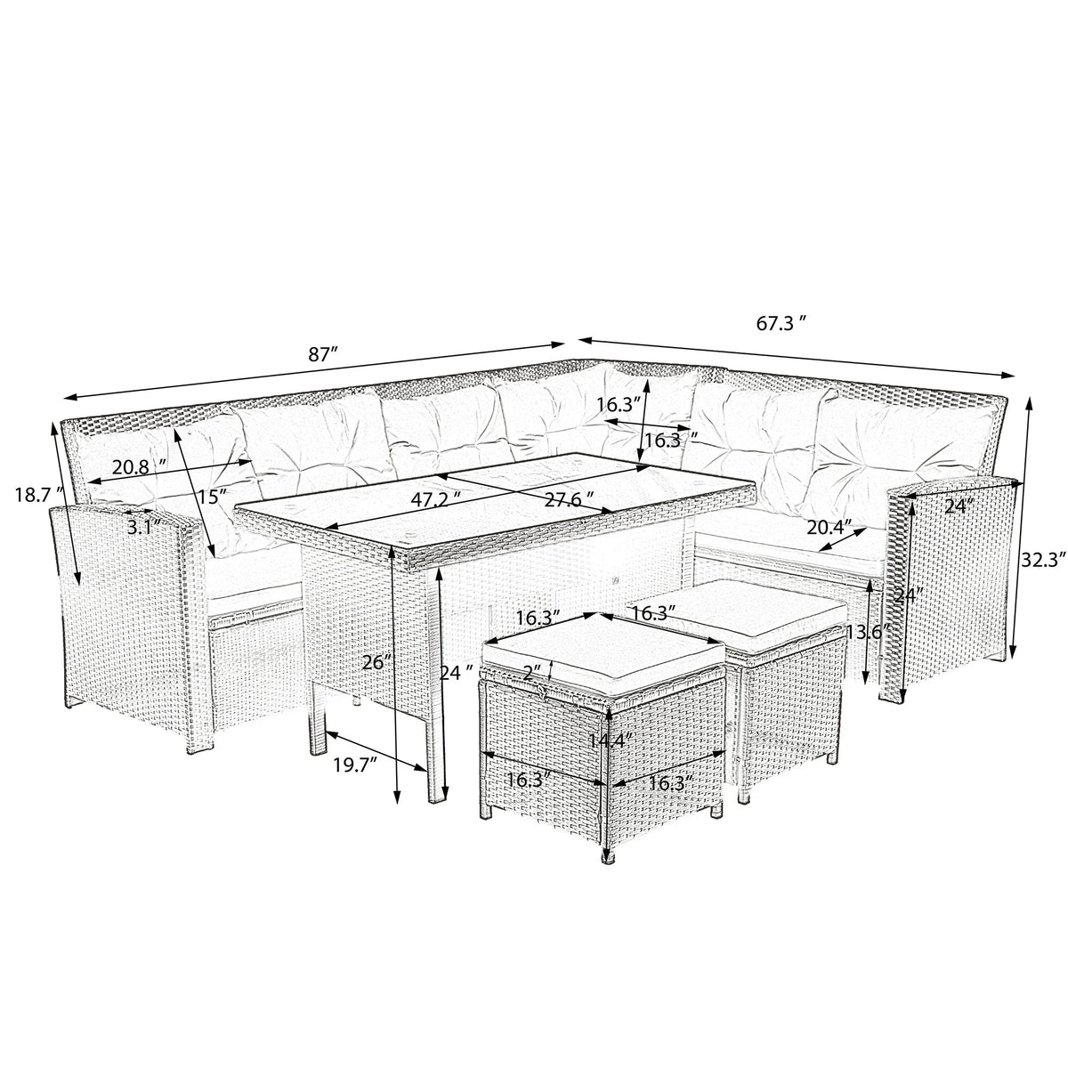 6-Piece Outdoor Sectional Sofa with Glass Table Ottomans Y6392
