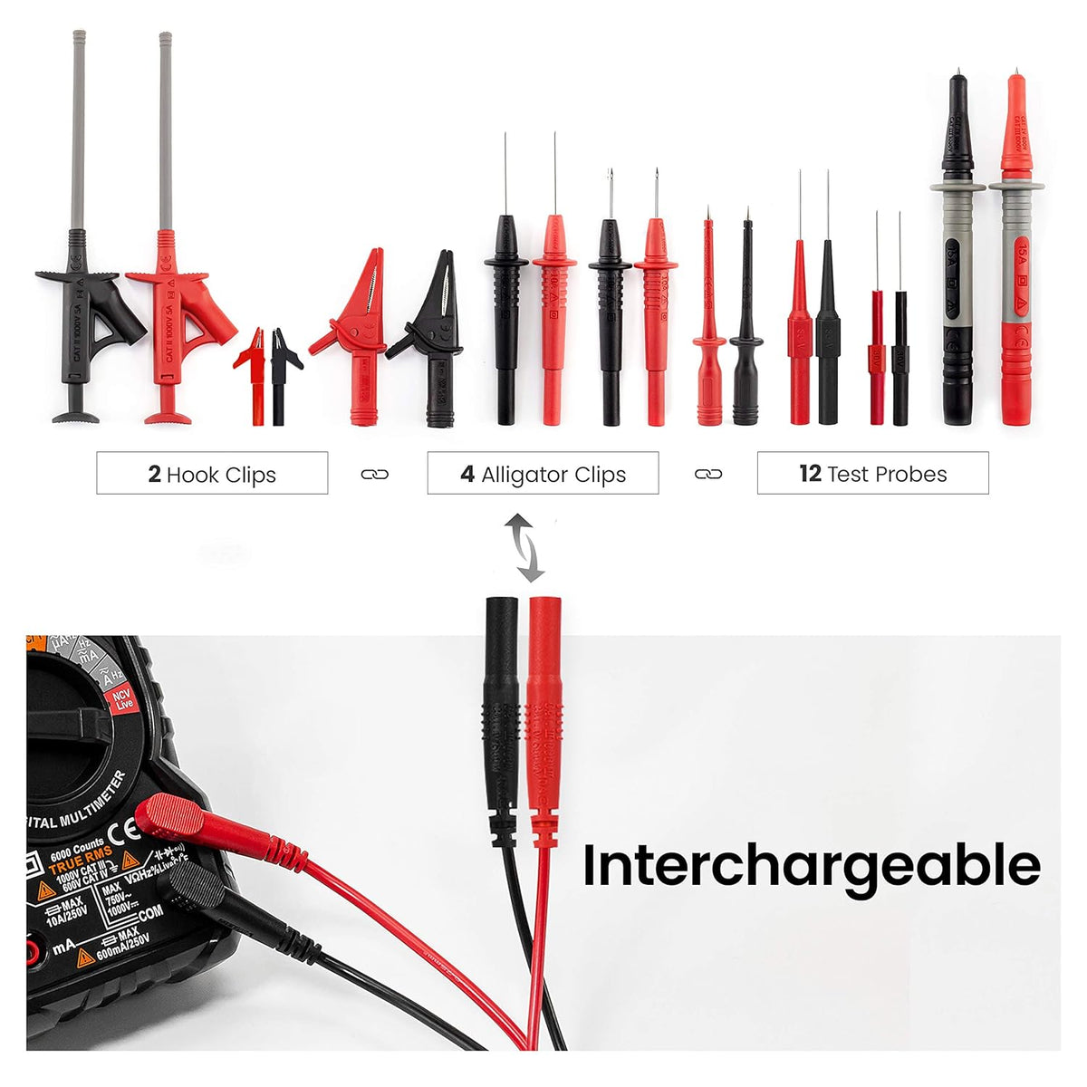 23PCS Multimeter Test Leads Kit with Replaceable Precision Probes, Alligator Clips, Test Hook, Flexible Wires P95450