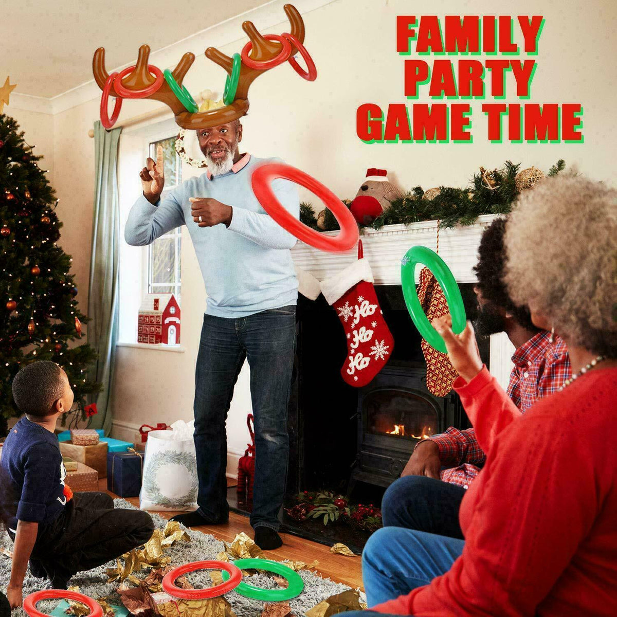 Inflatable Reindeer Antler Hat & Toss Ring Christmas Party Game Toys Q76430