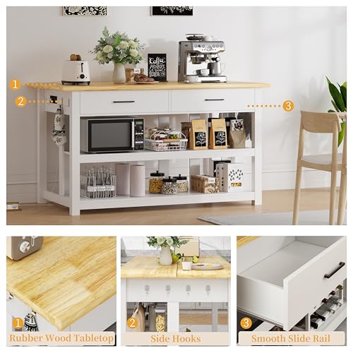 Solid Rubberwood Kitchen Island with Power Outlets, 2 Drawers & Open Shelves (Grey) F56362