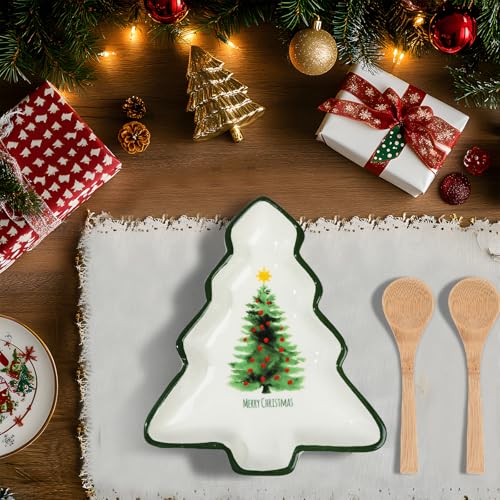 2 Pcs Christmas Dinner Platter Ceramic Serving Dishes with Wooden Spoon Serving Platters Bowl N590