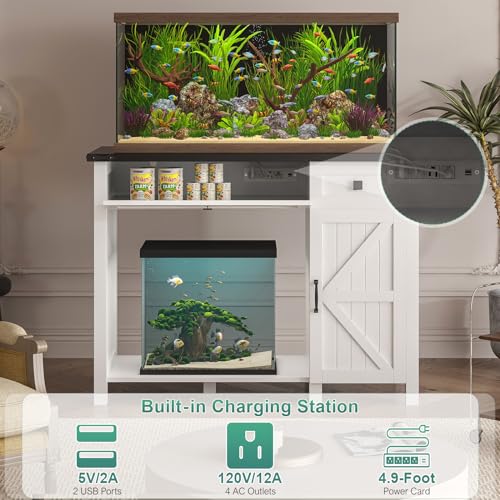 White 40 Gallon Aquarium Stand with Drawer and Cabinet Storage H8758