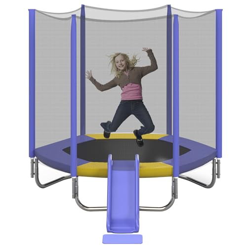 7FT Kids Trampoline with Safety Enclosure Net, Slide and Ladder C146311