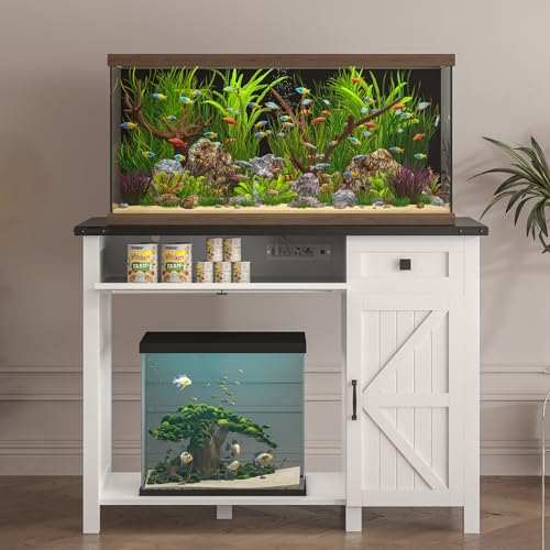 White 40 Gallon Aquarium Stand with Drawer and Cabinet Storage H8758