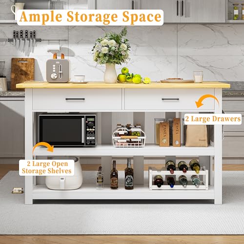 Solid Rubberwood Kitchen Island with Power Outlets, 2 Drawers & Open Shelves (Grey) F56362