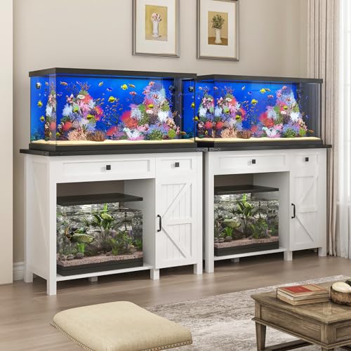 White 40 Gallon Aquarium Stand with Drawer and Cabinet Storage H8758