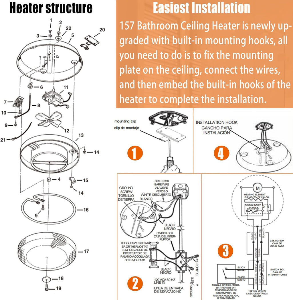 Bathroom Ceiling Heater, 1250W Instant Heat U7600