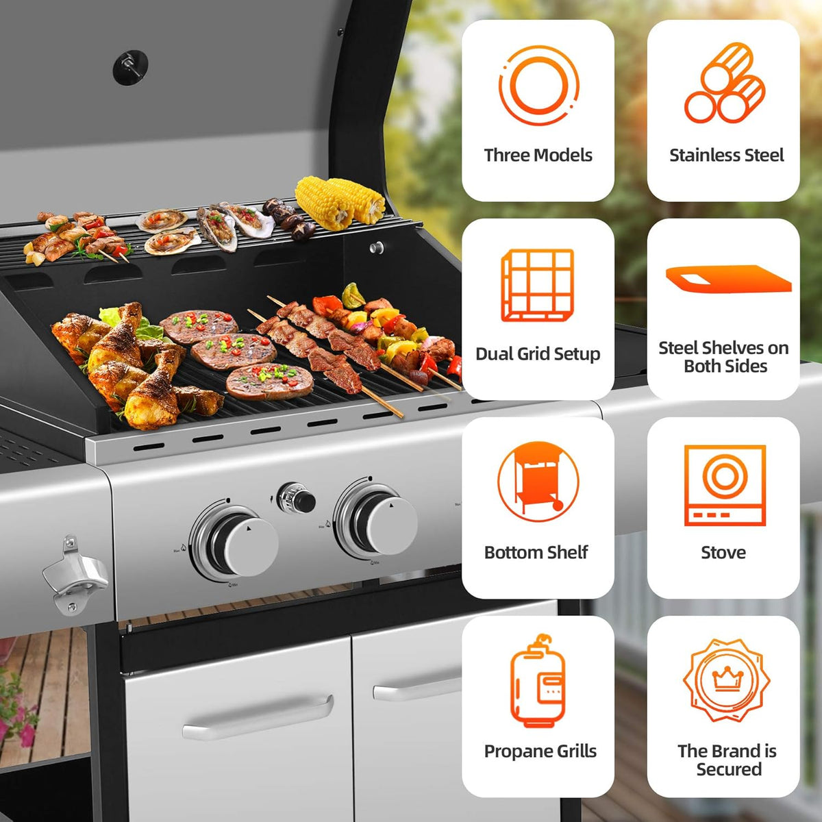 Portable 2 Burners Propane Gas Grill with Storage Shelf P213615