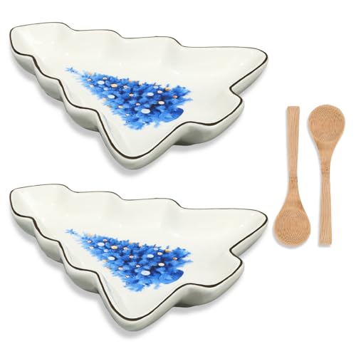 2 Pcs Christmas Dinner Platter Ceramic Serving Dishes with Wooden Spoon Serving Platters Bowl N590