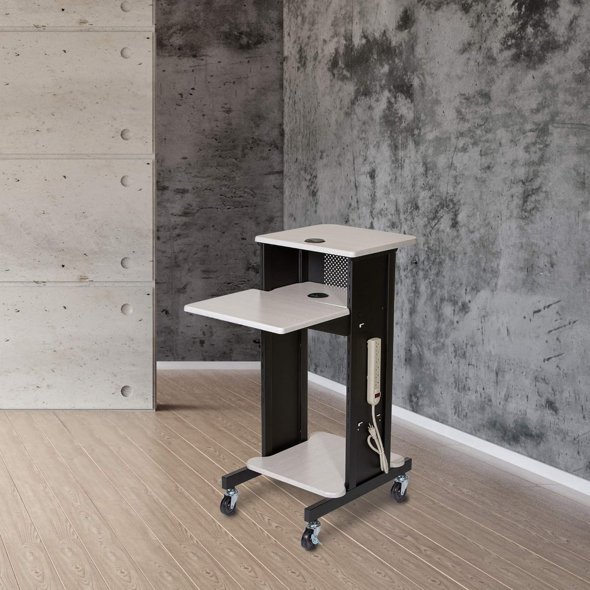 Presentation Cart and Stand, Steel Frame, Ivory Woodgrain E98510