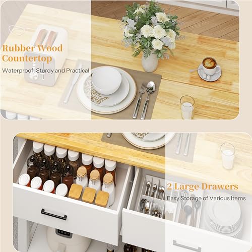 Solid Rubberwood Kitchen Island with Power Outlets, 2 Drawers & Open Shelves (Grey) F56362