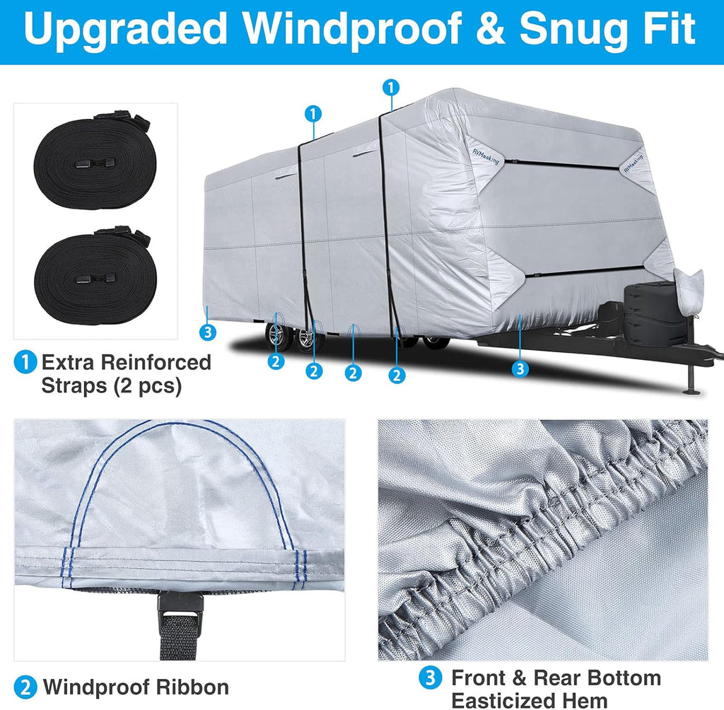 Rip-Stop RV Cover Fits 31'7" - 34' Long Motorhome, Waterproof Camper Cover with Gutter Covers, Adhensive Repair Patch C795