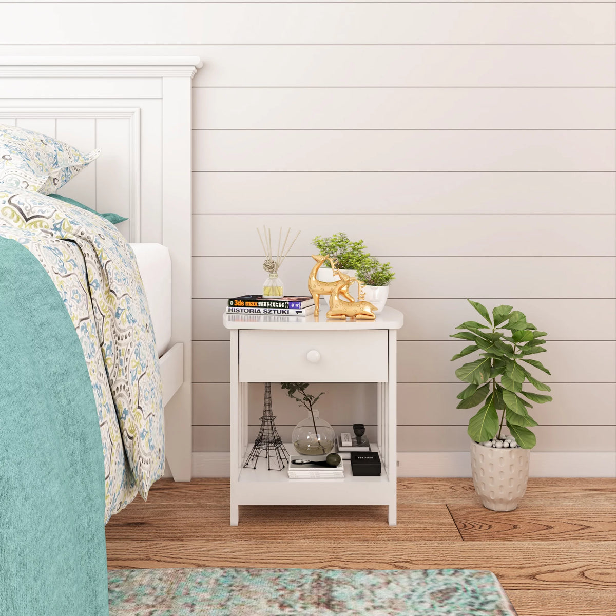 White 1 Drawer Solid Wood Side Table X977