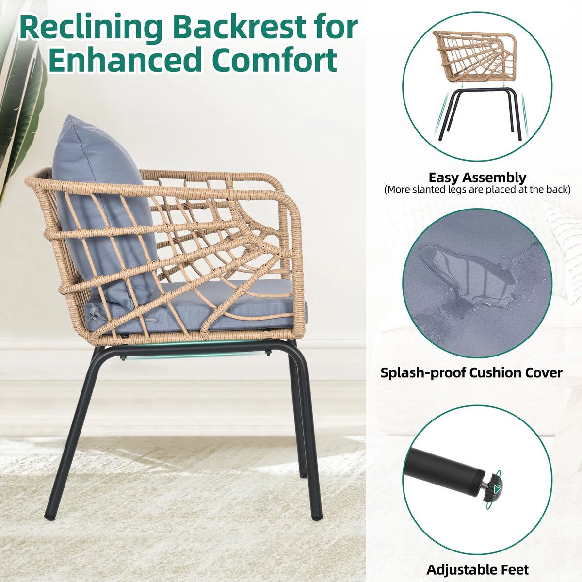 3-Piece Wicker Bistro Set with 2 Chairs and Coffee Table J984