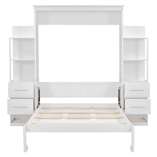 White Full Size Wood Murphy Bed with Shelves and LED Lights U1324