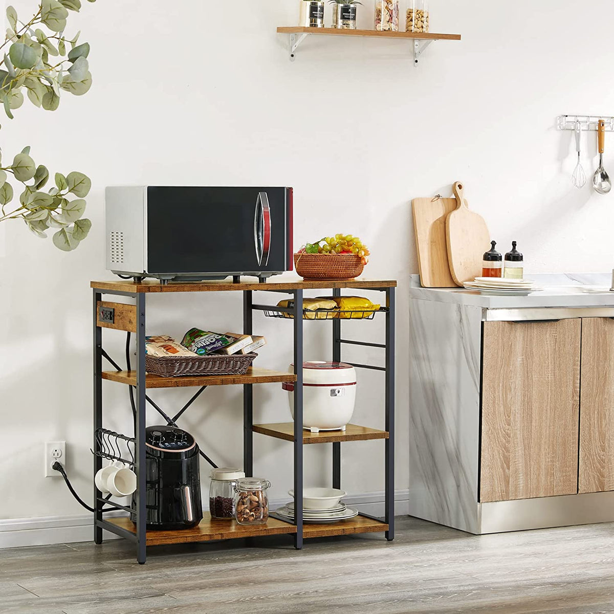 Rustic Brown Bakers Rack with Power Outlet V330