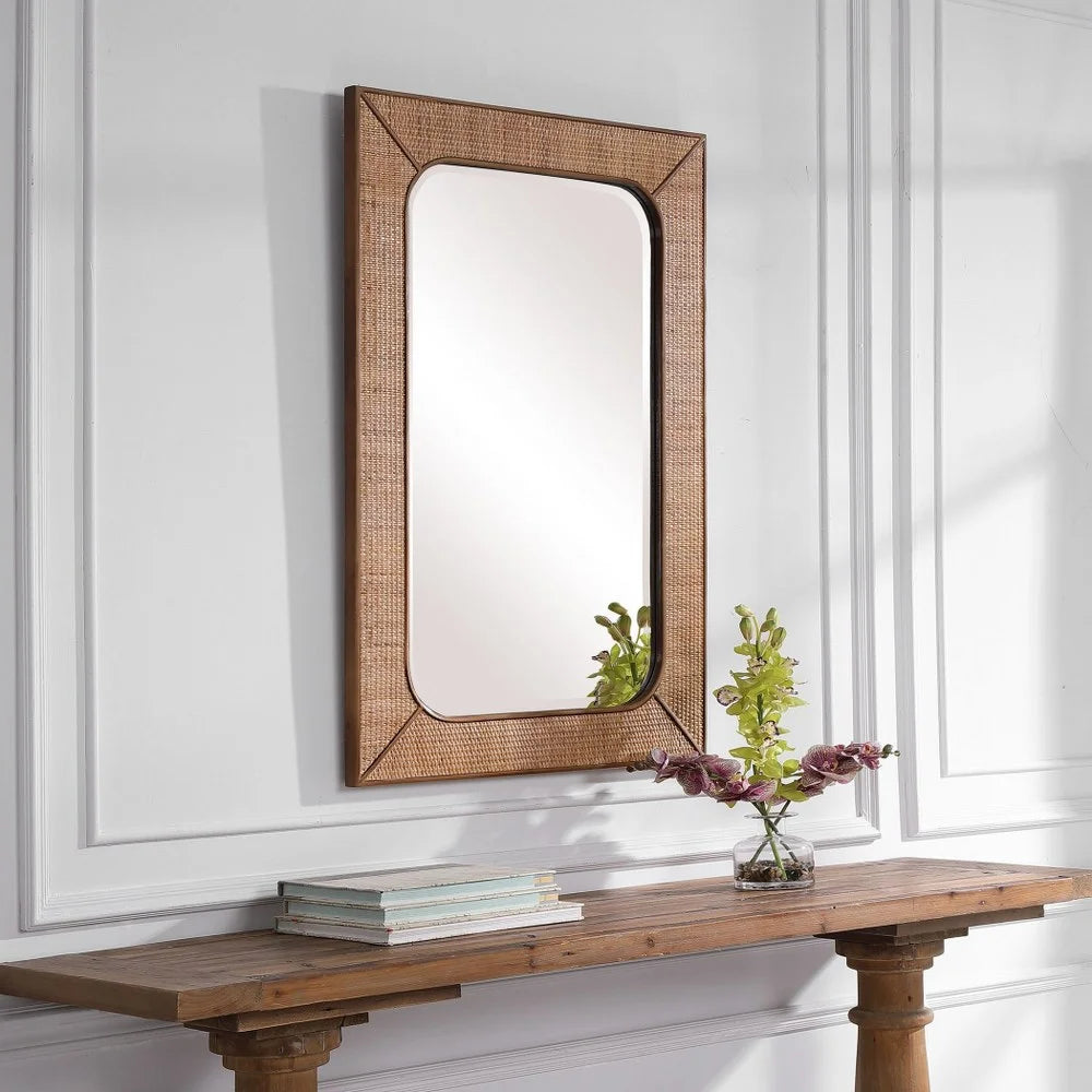 28 inches W X 42 inches H Rectangular Mirror with Woven Rattan Frame E488