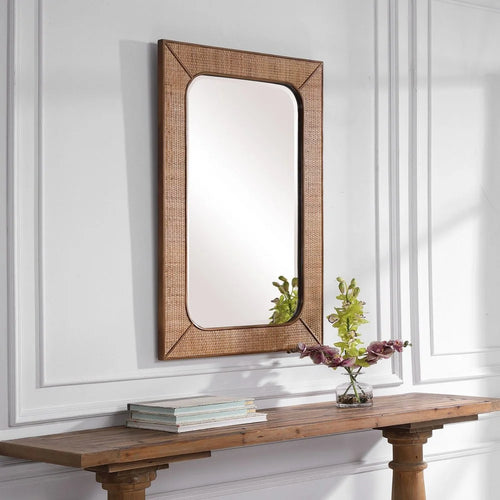 28 inches W X 42 inches H Rectangular Mirror with Woven Rattan Frame E488