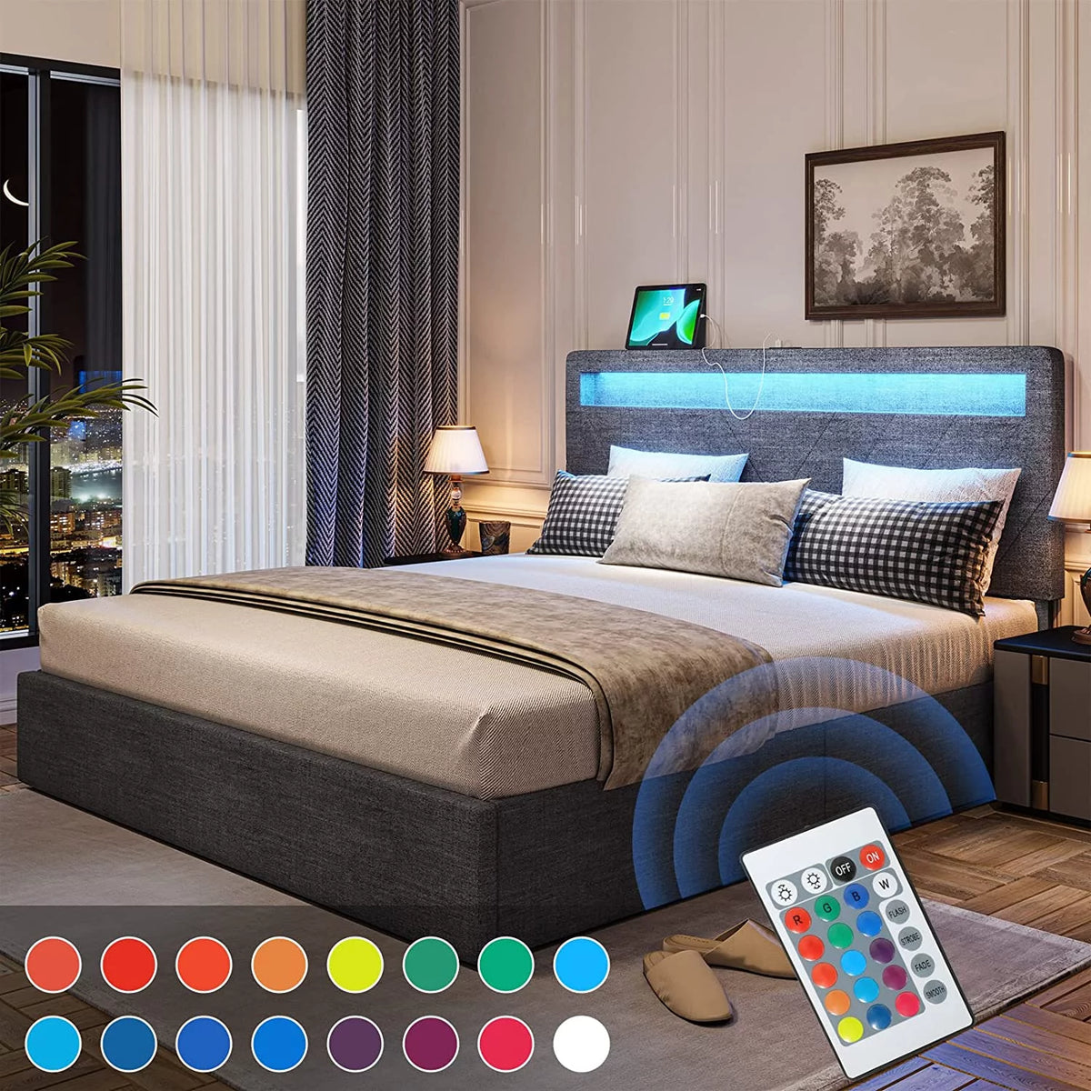 Queen Upholstered Platform Bed Frame with 4 Storage Drawers and LED Headboard V5748