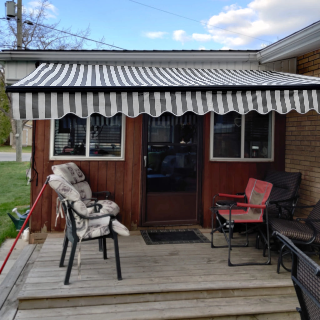 Grey White Striped Motorized Retractable Patio Awning U40844