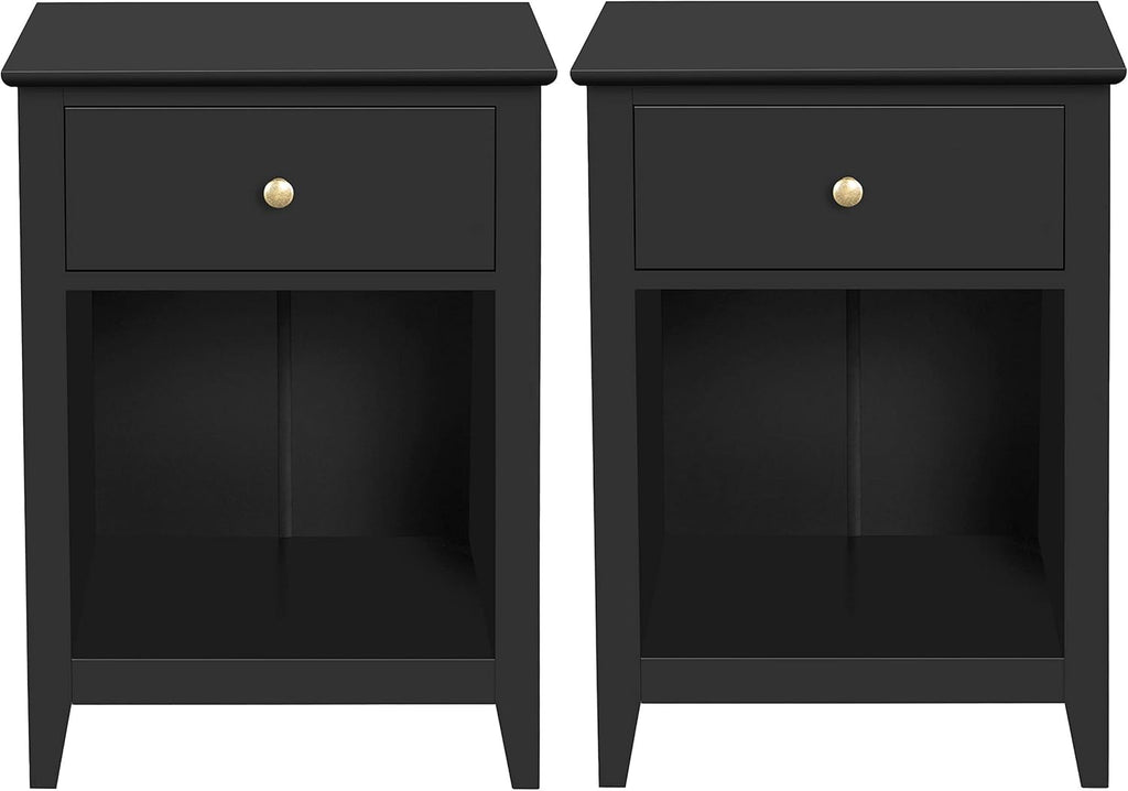 Black Wood Side End Table with Drawer and Open Storage Cabinet, Set of 2 L230487
