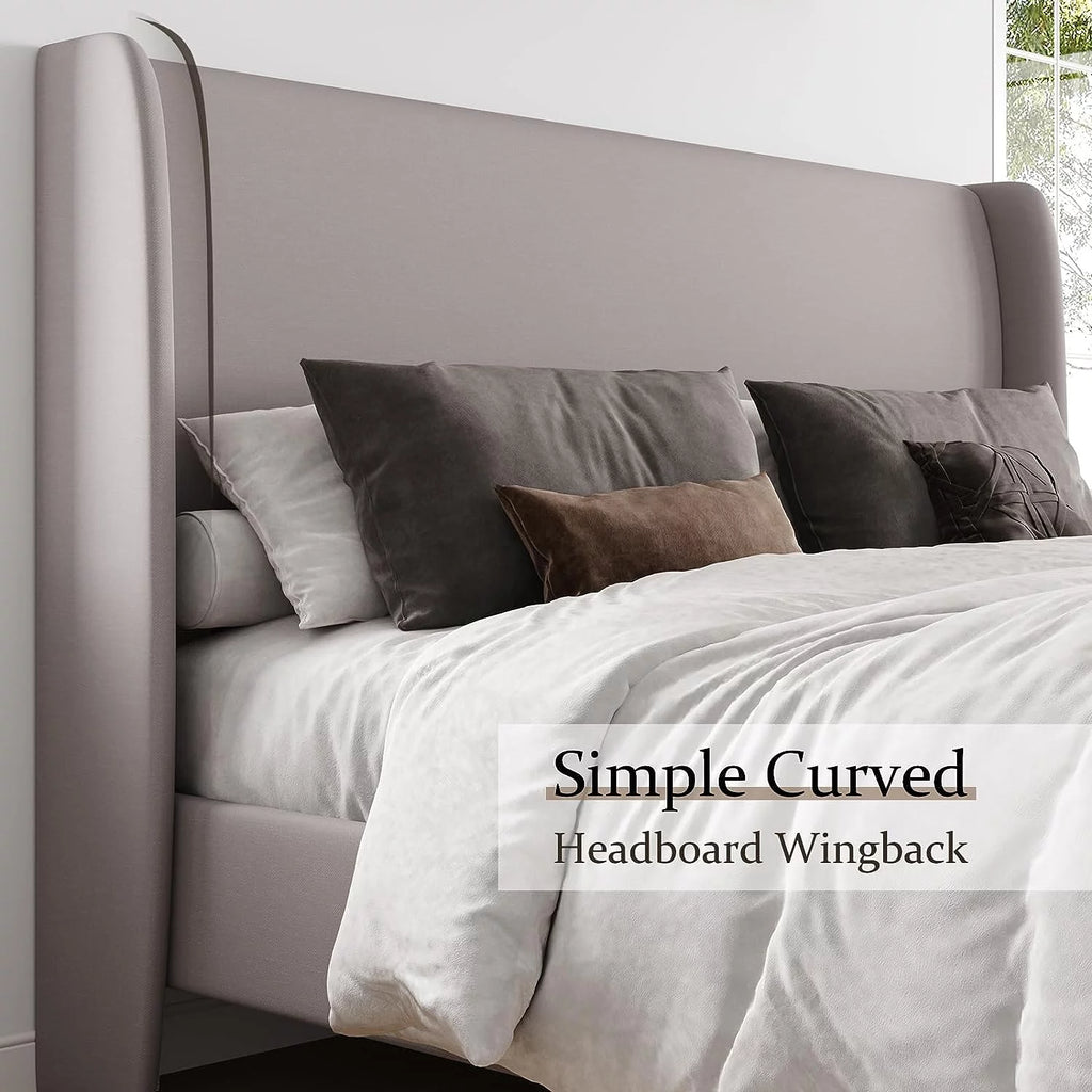 King Size White Linen Upholstered Platform Bed with Wingback Headboard M400836