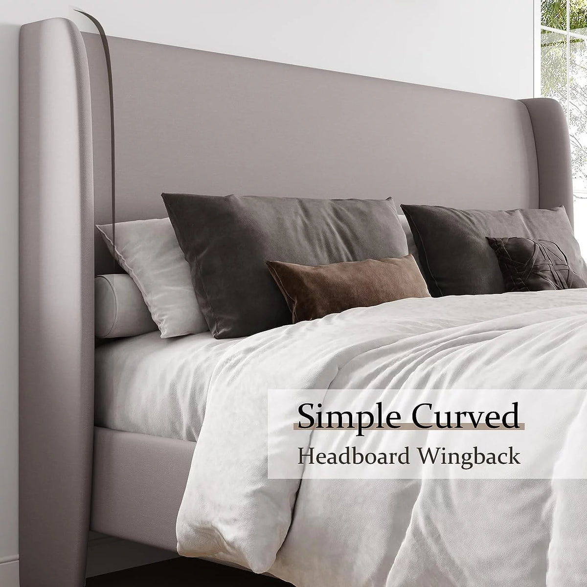 King Size White Linen Upholstered Platform Bed with Wingback Headboard M400836