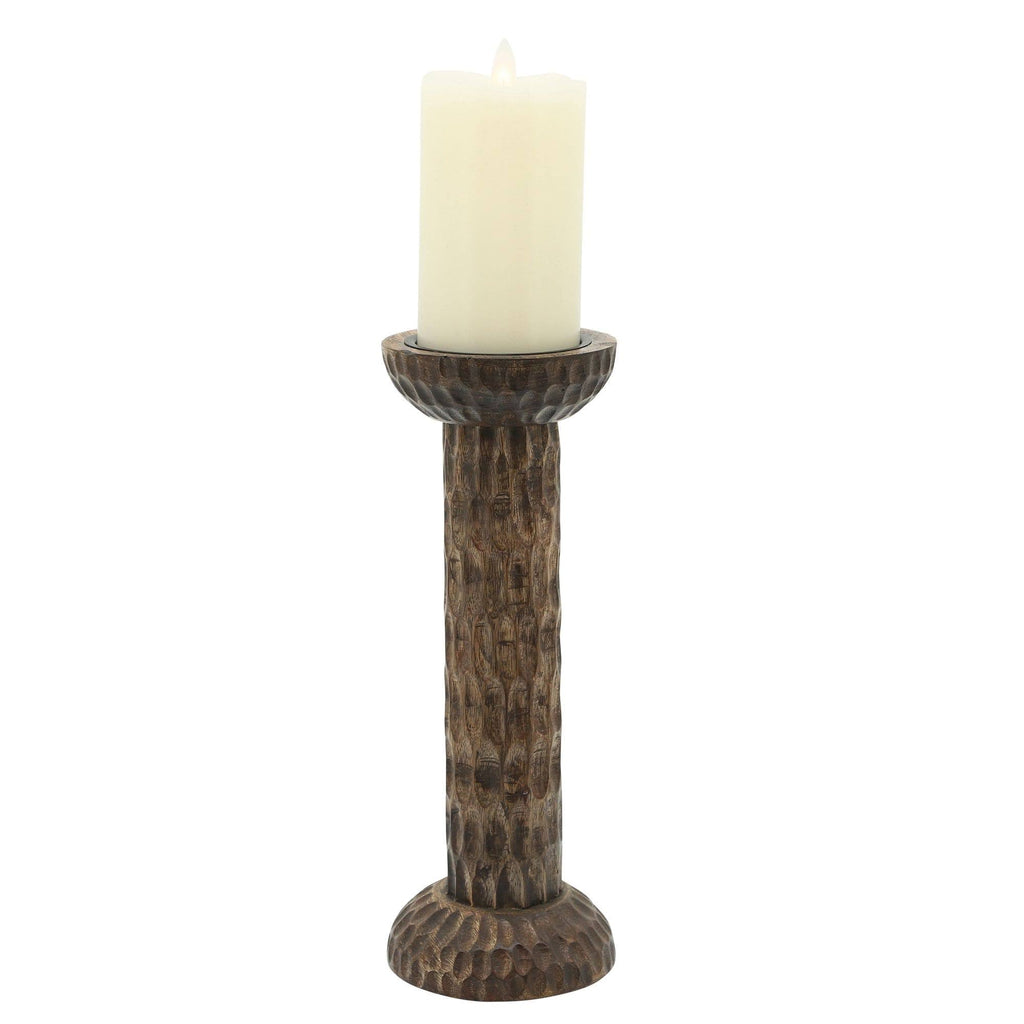 Brown Hammered Mango Wood Pillar Candle Holder M468175