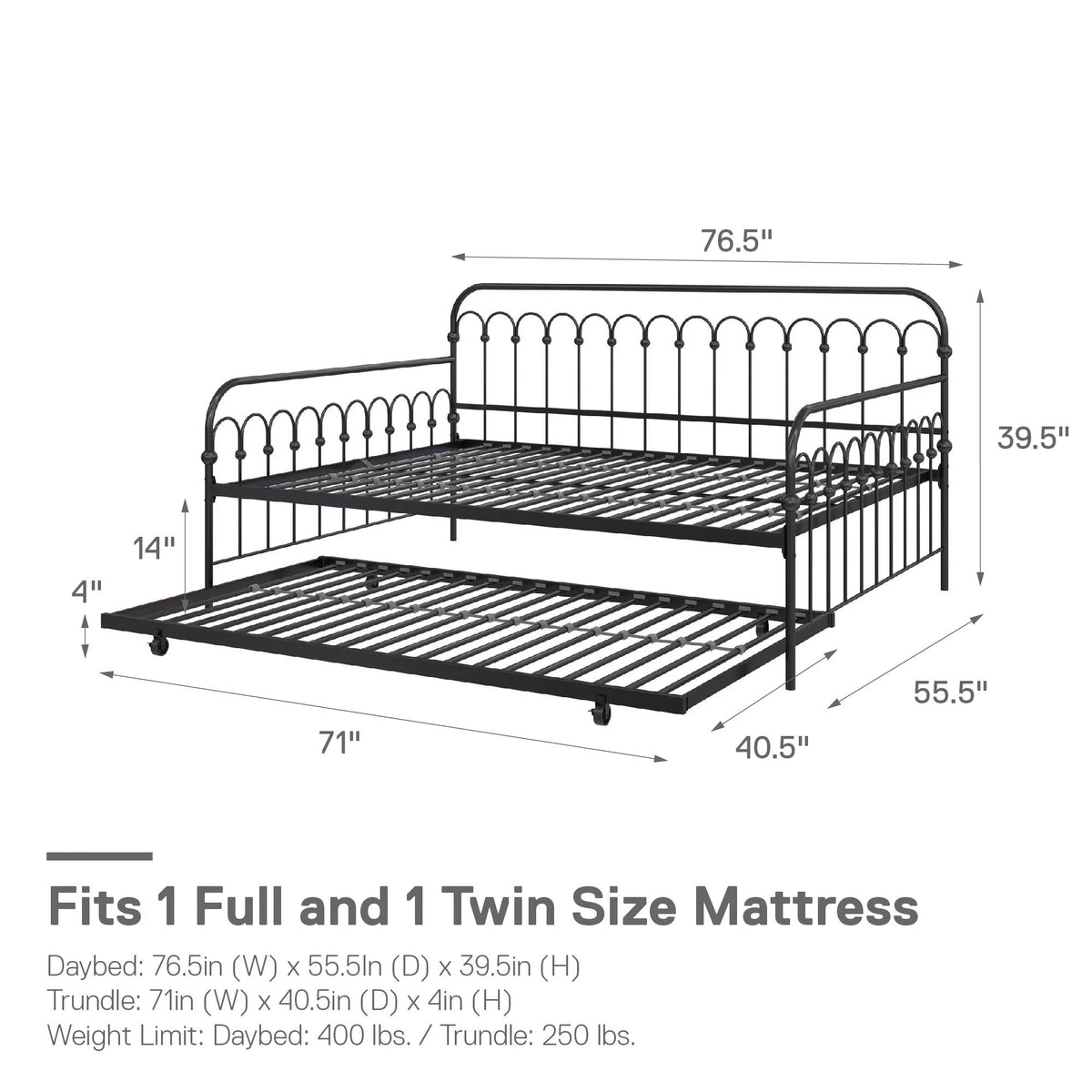 Black Full Metal Daybed with Twin Trundle Bed N48210