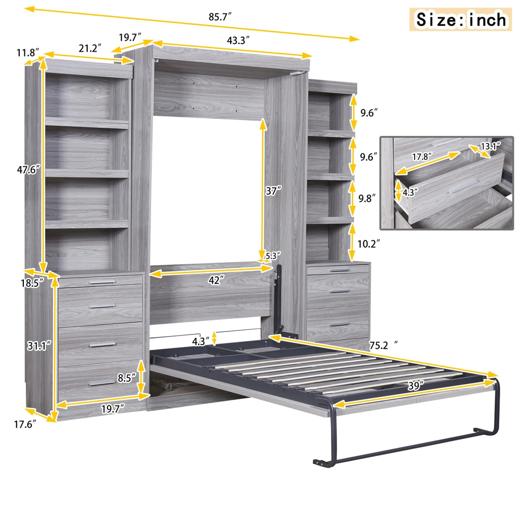 Twin Size Murphy Bed with Wardrobe and Drawers V678677