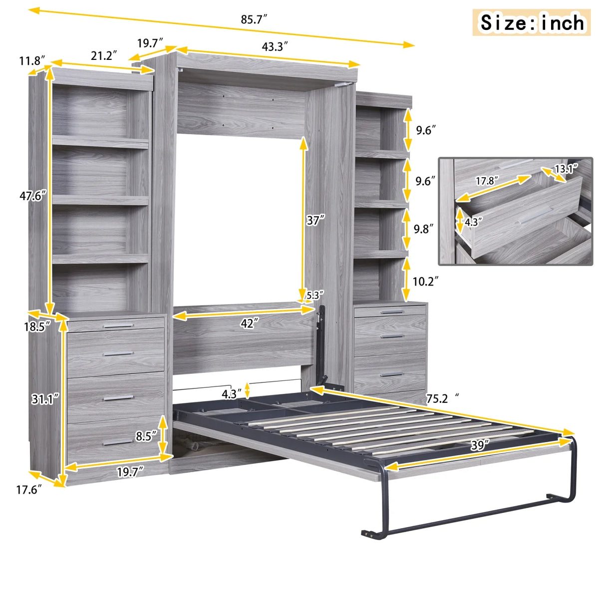 Twin Size Murphy Bed with Wardrobe and Drawers V678677