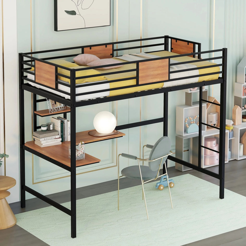 Black Twin Size Metal Loft Bed with Desk and Shelves R465968