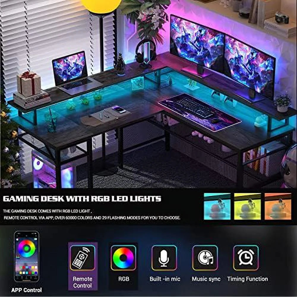 L Shaped Computer Desk with Power Outlet and LED Strip Black F267