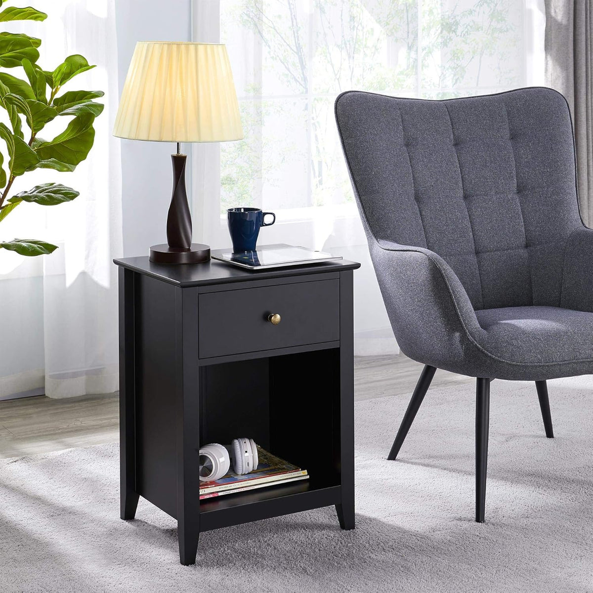 Black Wood Side End Table with Drawer and Open Storage Cabinet, Set of 2 L230487