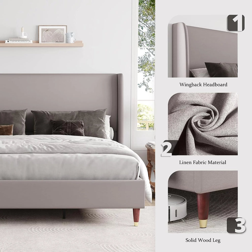 King Size White Linen Upholstered Platform Bed with Wingback Headboard M400836