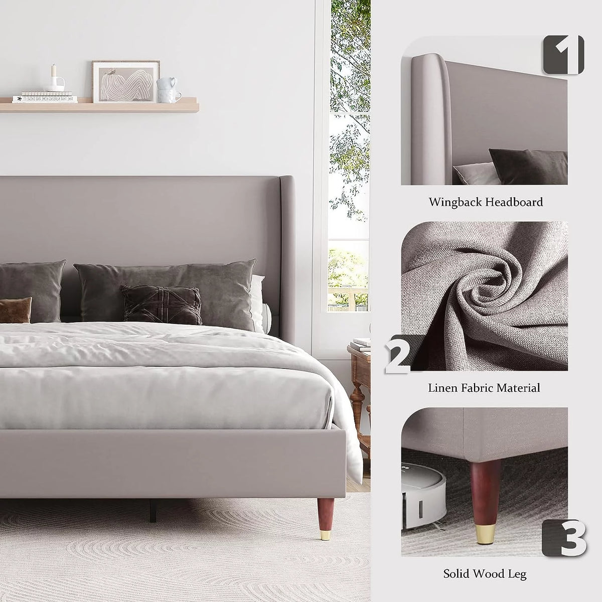 King Size White Linen Upholstered Platform Bed with Wingback Headboard M400836