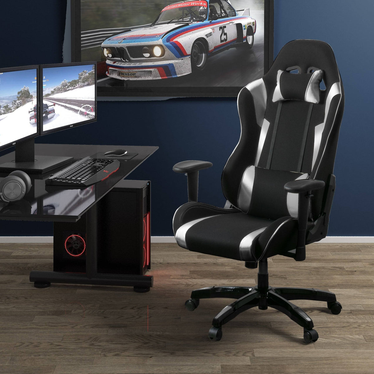 Bonded Leather, Fabric, and Mesh High-Back Ergonomic Gaming Chair Y4690