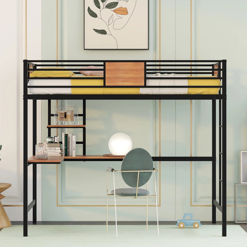 Black Twin Size Metal Loft Bed with Desk and Shelves R465968