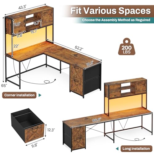 Black L Shaped Computer Desk with Fabric Drawers and Power Outlet S7207