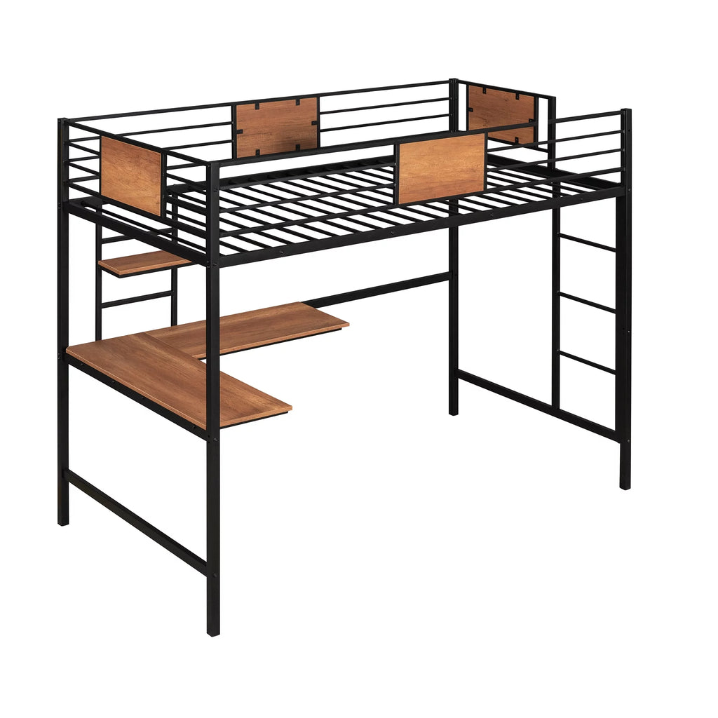 Black Twin Size Metal Loft Bed with Desk and Shelves R465968