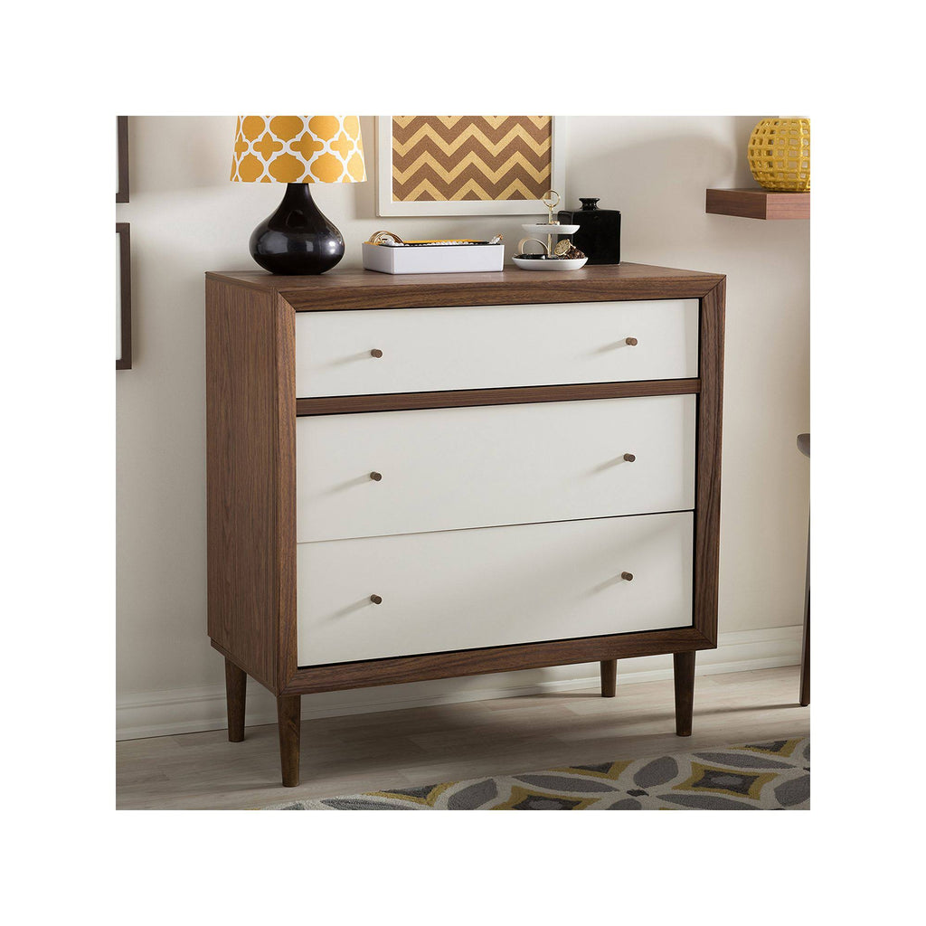 White and Walnut Wood 3-Drawer Chest J492460